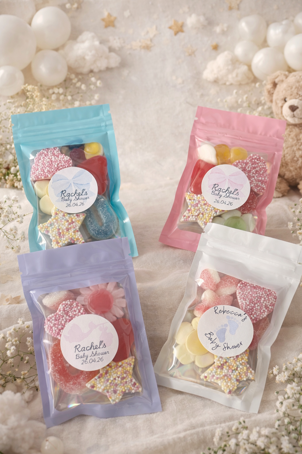 Personalised Baby Shower Favour - Custom Sweet Pouches Favour Bags - Favor Party Bag Filler Gift - Baby Boy Baby Girl Party Bag Fillers