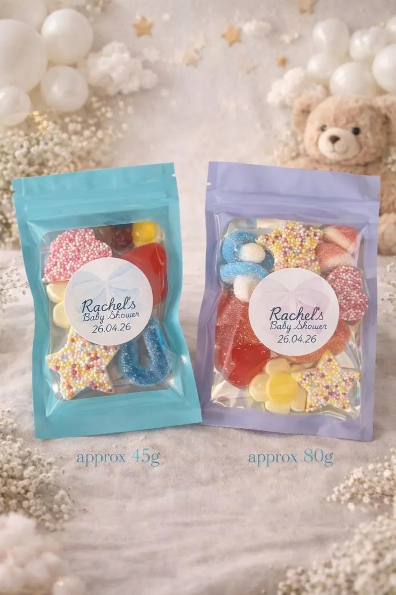 Personalised Baby Shower Favour - Custom Sweet Pouches Favour Bags - Favor Party Bag Filler Gift - Baby Boy Baby Girl Party Bag Fillers