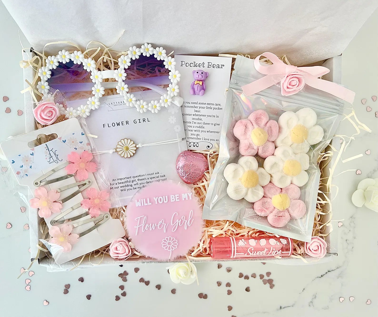 Gift set for flower girl with bracelet, sunglasses, flower sweets, flower clips , lipbalm, pocket bear and proposal plaque 