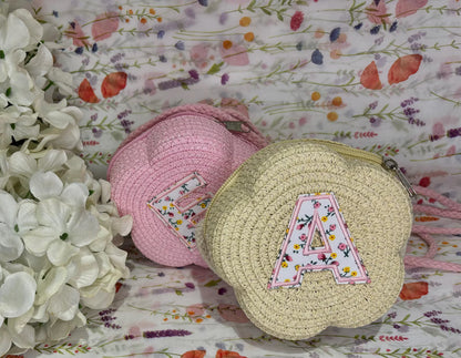 Personalised girls cross shoulder circle straw bag. personalised fashion bag for little girls.