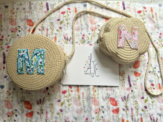 Personalised girls cross shoulder circle straw bag. personalised fashion bag for little girls.